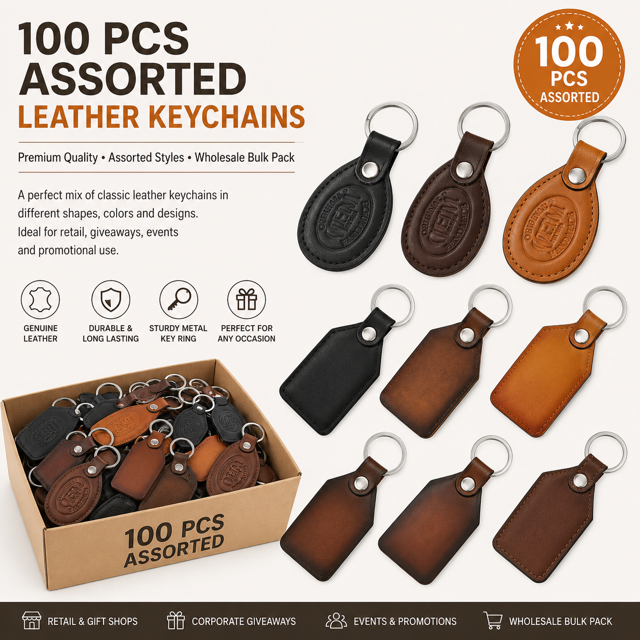 100 PCS Assorted Leather Keychains – Wholesale Bulk Pack