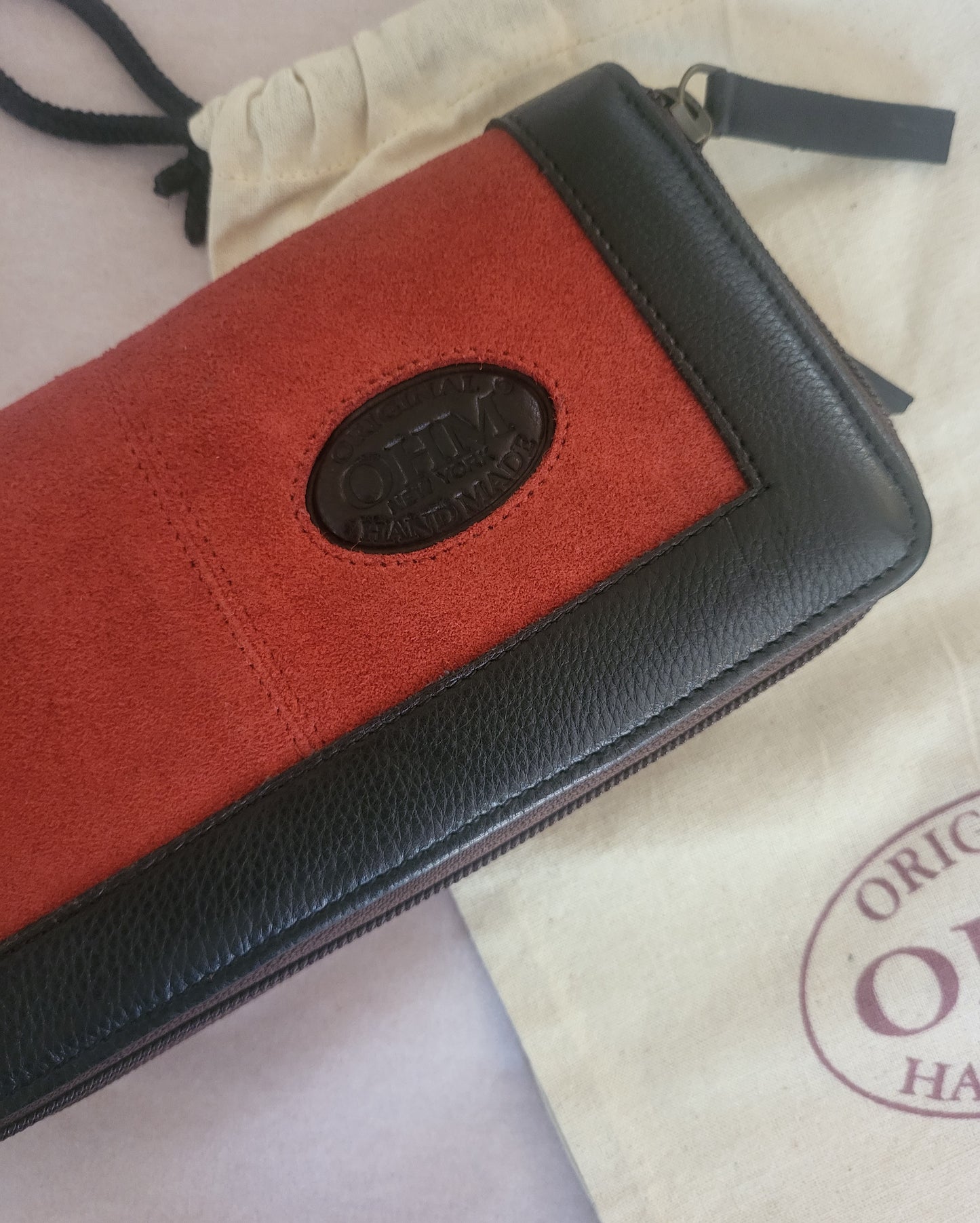 OHM New York Double Zipper Party Leather Clutches Red/ Black