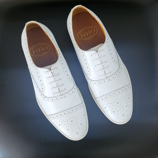 OHM New York Cap Toe Oxford Perforated Brogue Executive Leather Shoes White