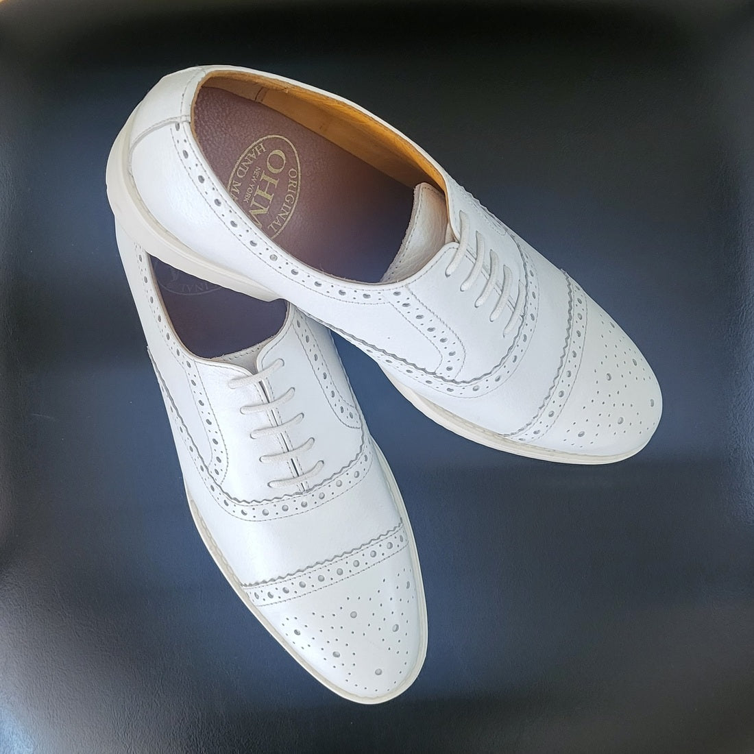 OHM New York Cap Toe Oxford Perforated Brogue Executive Leather Shoes White