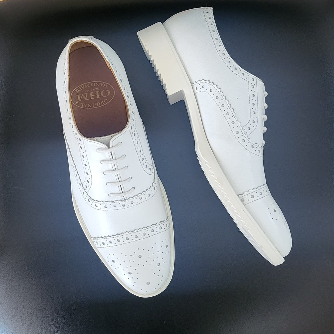 OHM New York Cap Toe Oxford Perforated Brogue Executive Leather Shoes White