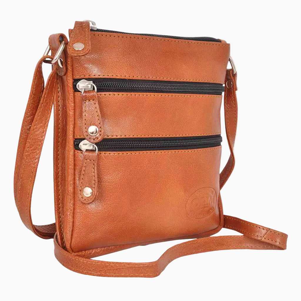 OHM New York Multi-Zip Leather Crossbody Bag – Tan