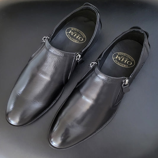 OHM New York Plain Toe Branded Zip Closure Slip-on Leather Shoes