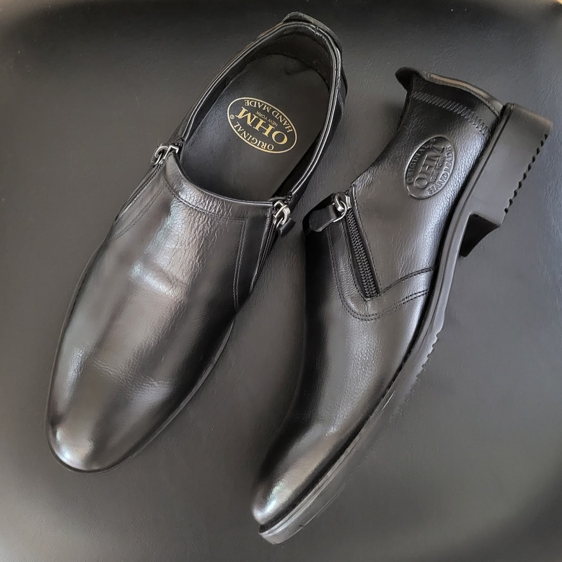 OHM New York Plain Toe Branded Zip Closure Slip-on Leather Shoes
