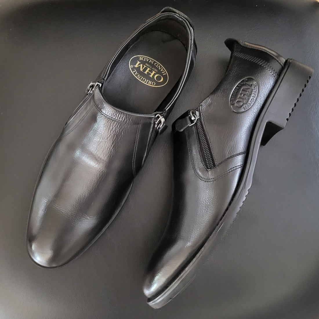 OHM Plain Toe Branded Zip Closure Slip-on Leather Shoes