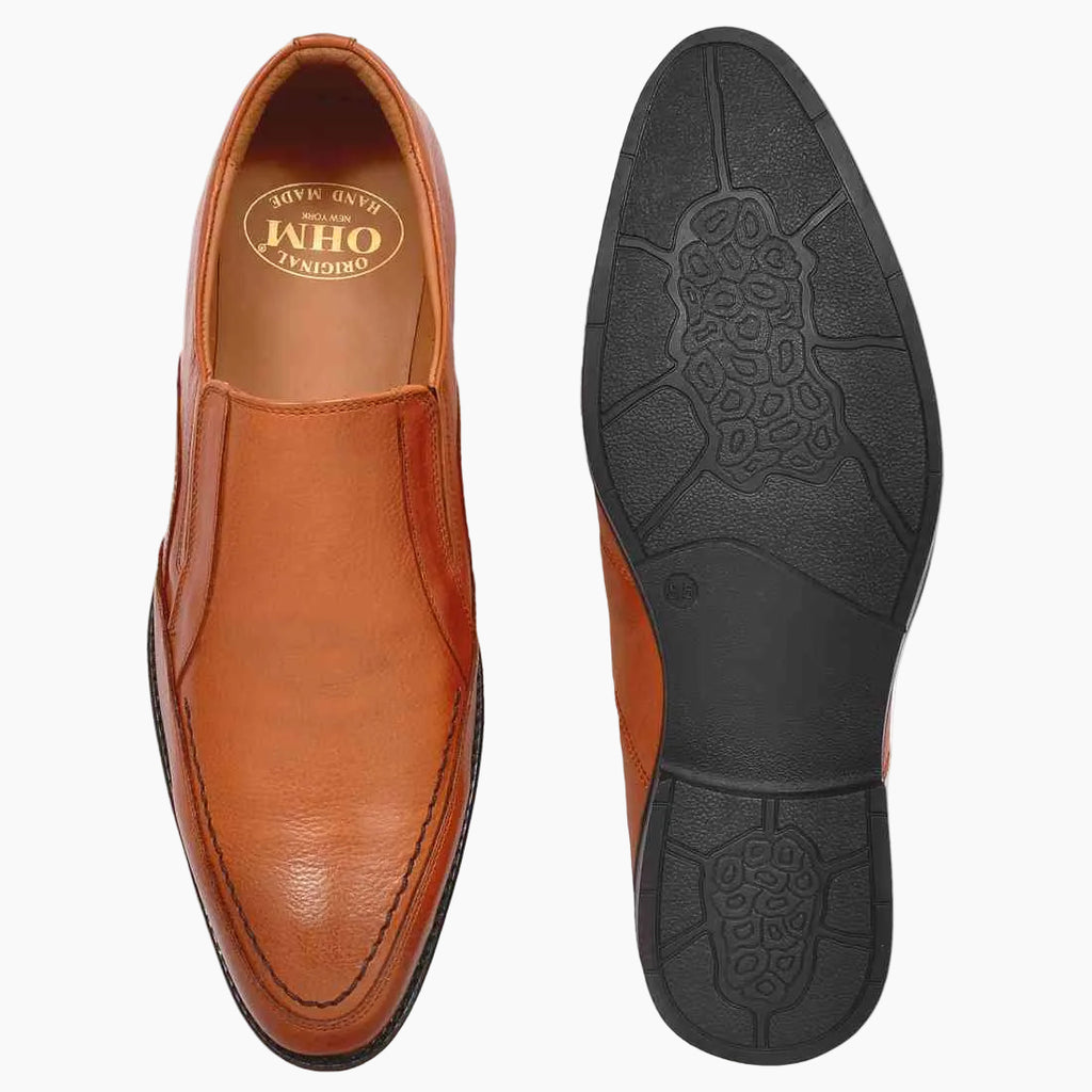 OHM New York Vamp Stitched Dress Leather Slip-On Shoes Tan