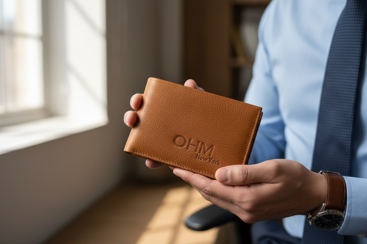wallet color is tan with OHM New York embossing 