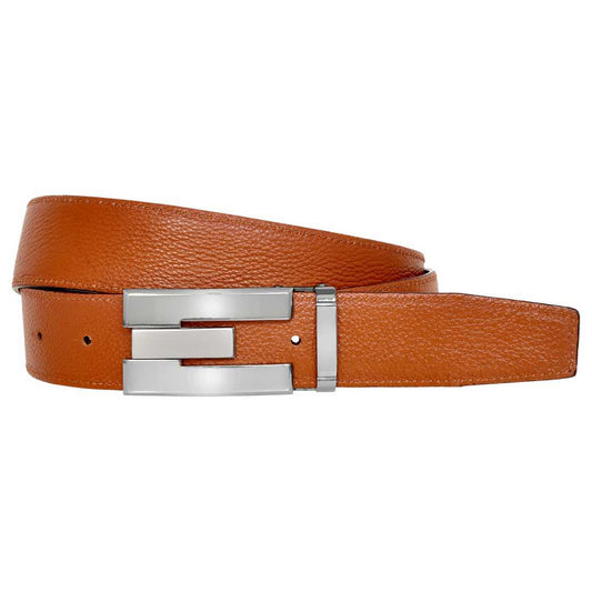 OHM New York Grained Soft Leather Perimeter Stitched Handmade Reversible Belts Tan/Black