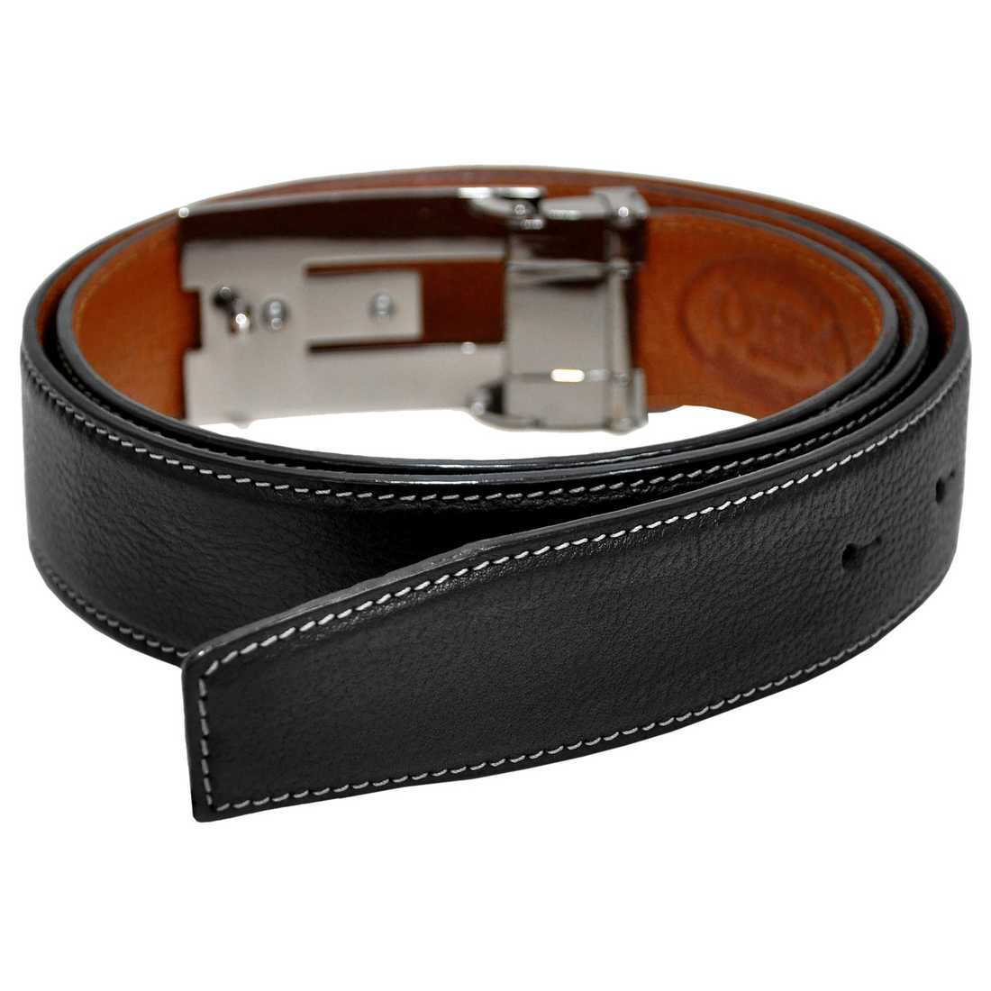 OHM New York Grained Soft Leather Perimeter Stitched Handmade Reversible Belts Tan/Black