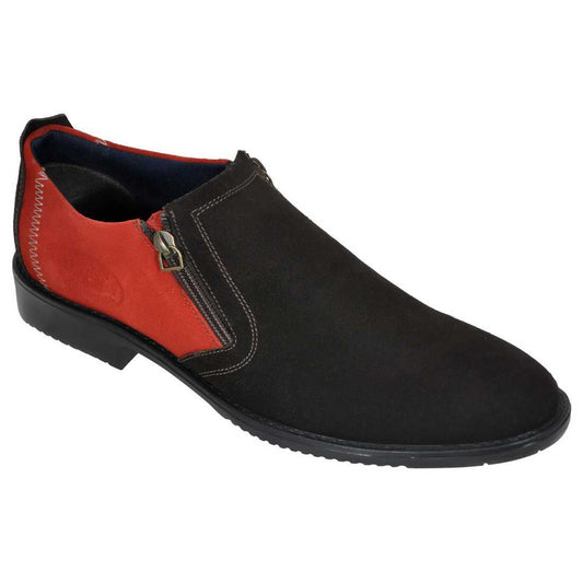 Plain Toe Zip Closure Slip-on Leather Shoes with Brown and Red Zip Pattern