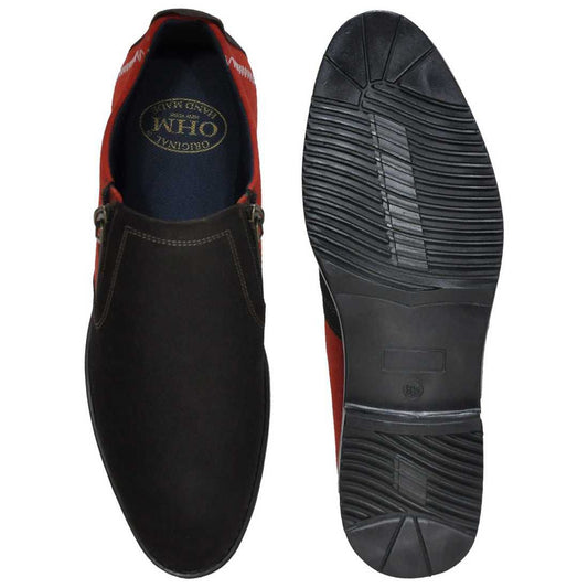 Plain Toe Zip Closure Slip-on Leather Shoes with Brown and Red Zip Pattern